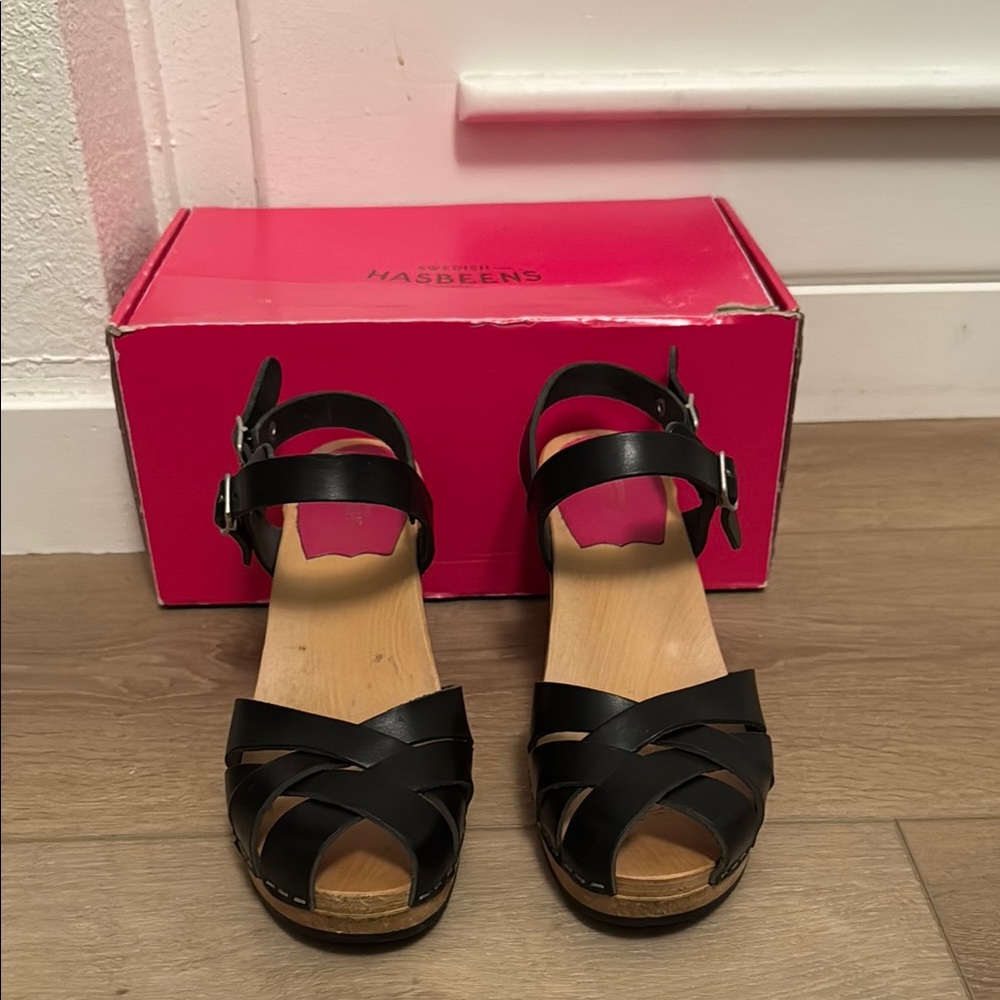 Swedish Hasbeens Black Leather Katja heels